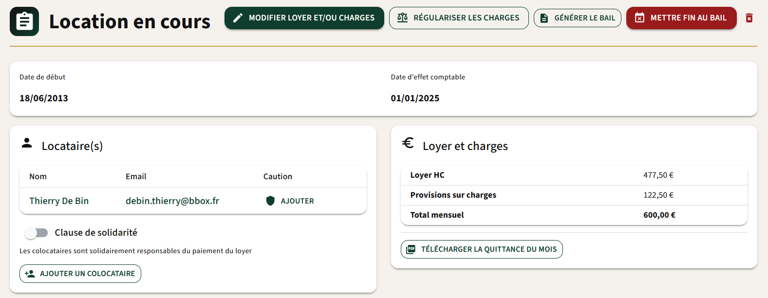 Bail en cours — locataire, loyer, charges et actions rapides (quittance, régularisation, fin de bail)