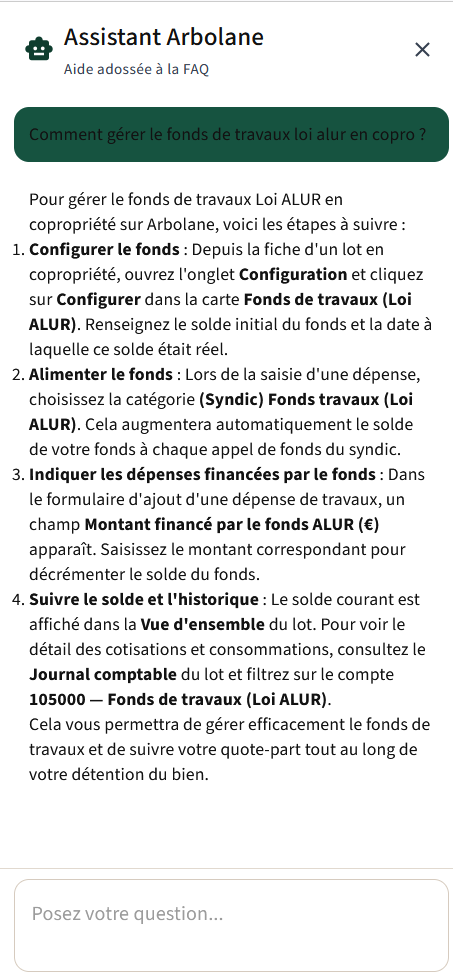 Assistant Arbolane répondant à une question sur le fonds de travaux Loi ALUR avec une liste d'étapes précises