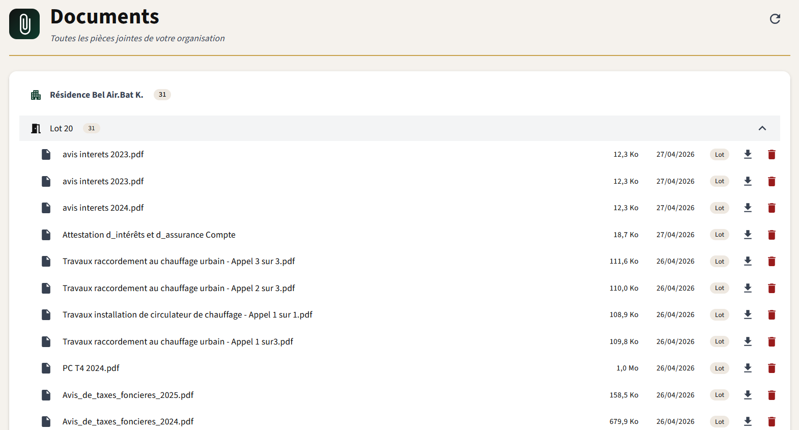 Hub documents — justificatifs PDF rangés par immeuble et par lot