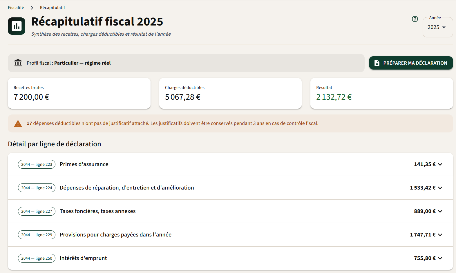 Récapitulatif fiscal annuel — recettes, charges déductibles, détail par ligne 2044